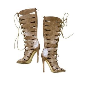 Y2K Shoedazzle Size 6 Faux Leather Tan Brown Strappy Lace Up Disc Heels Boots